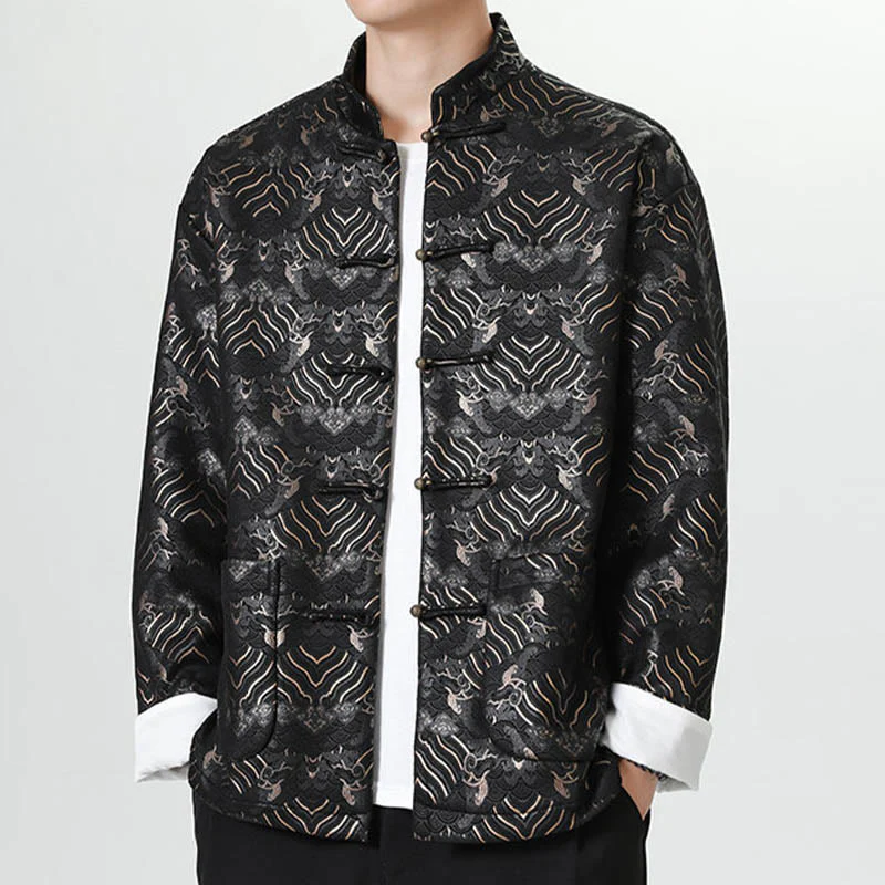Buddha Stones Frog-Button Cinese Tang Suit Forma d'onda Camicia lunga Uomo Giacca Abbigliamento - Image 5
