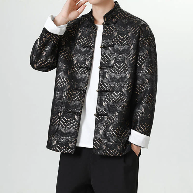 Buddha Stones Frog-Button Cinese Tang Suit Forma d'onda Camicia lunga Uomo Giacca Abbigliamento - Image 6