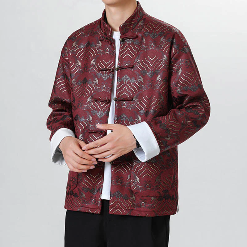 Buddha Stones Frog-Button Cinese Tang Suit Forma d'onda Camicia lunga Uomo Giacca Abbigliamento - Image 9