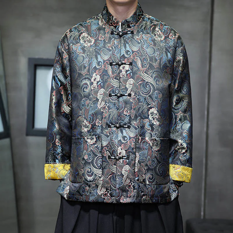 Buddha Stones Frog-Button Cinese Tang Suit Stand Collar Camicia Lunga Uomo Giacca Abbigliamento