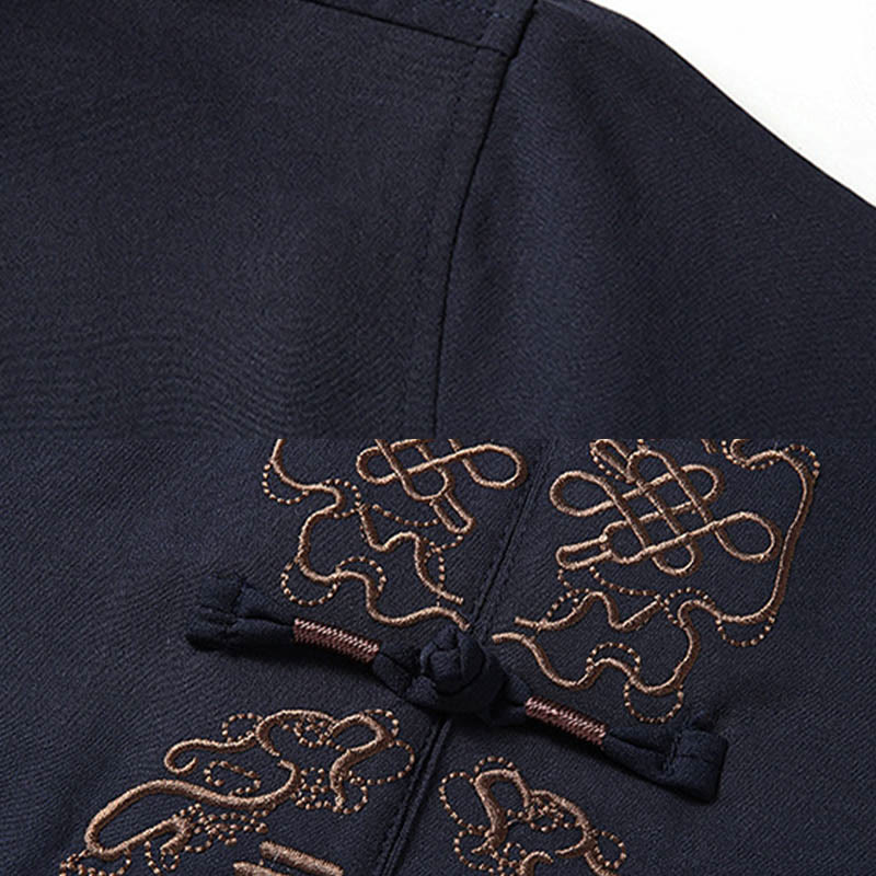 Buddha Stones Fu Carattere Cinese Nodo Ricamo Tang Suit Tradizionale Manica Corta Top Pantaloni Abbigliamento Uomo Set - Image 10