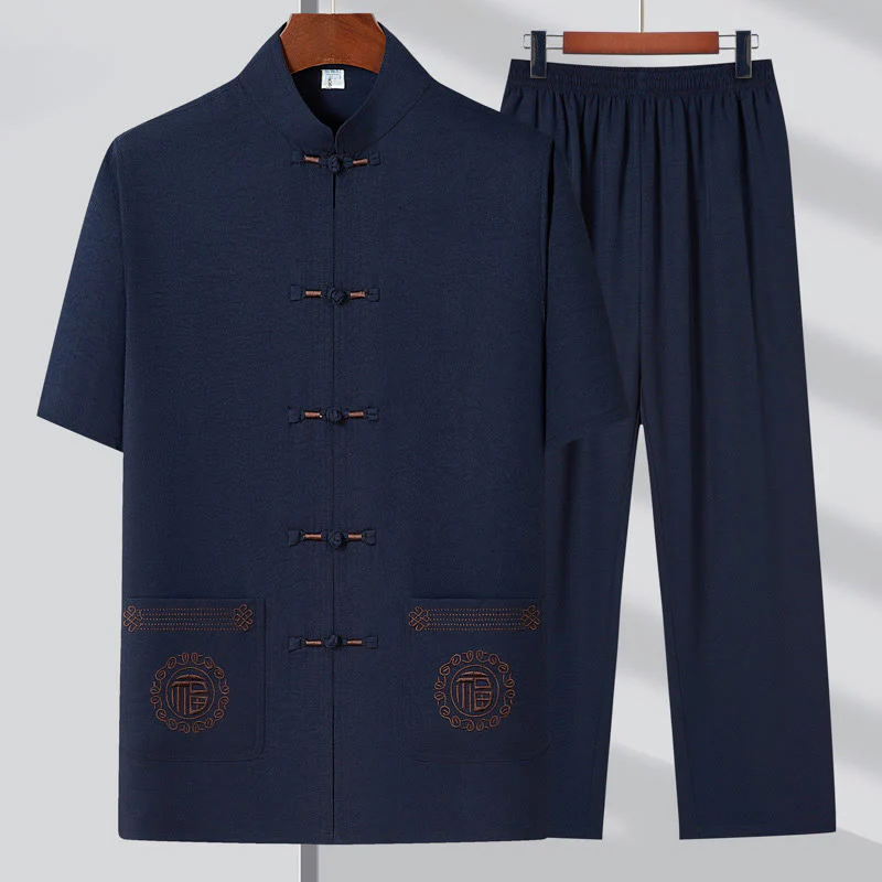 Buddha Stones Fu Character Ricamo Tang Suit Tradizionale Rana-Bottone Manica Corta Top Pantaloni Abbigliamento Uomo Set - Image 2
