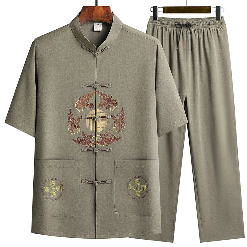 Buddha Stones Fu Character Tang Suit Hanfu Tradizionale Uniforme Manica Corta Top Pantaloni Abbigliamento Uomo Set - Image 25