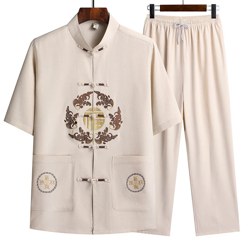 Buddha Stones Fu Character Tang Suit Hanfu Tradizionale Uniforme Manica Corta Top Pantaloni Abbigliamento Uomo Set - Image 28