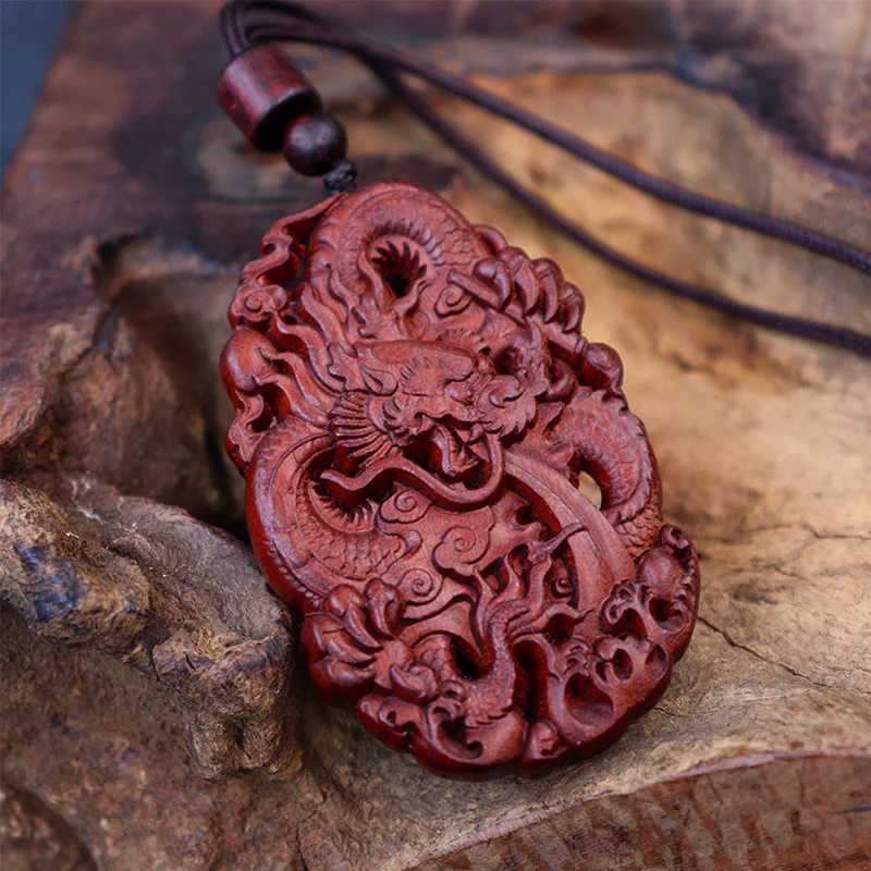 Buddha Stones Fulmine Legno di Giuggiola Doppio Drago in Rilievo Allontanare gli Spiriti Maligni Collana Pendente - Image 4