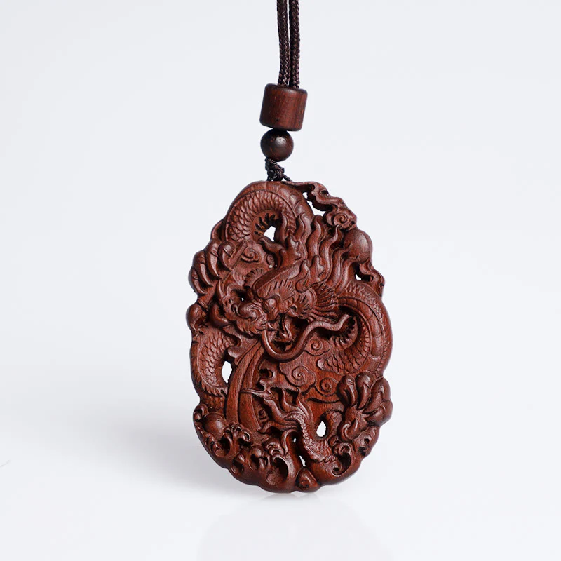 Buddha Stones Fulmine Legno di Giuggiola Doppio Drago in Rilievo Allontanare gli Spiriti Maligni Collana Pendente - Image 9