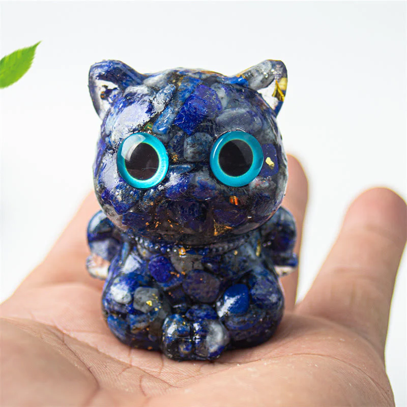 Buddha Stones Gatto carino Lazurite Lapislazzuli Ametista Ossidiana nera Acquamarina Cristallo Resina Decorazione positiva per la casa
