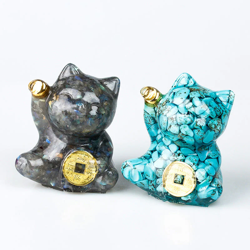 Buddha Stones Gatto portafortuna moneta di rame turchese labradorite cristallo rosa ametista forza decorazione per la casa - Image 34