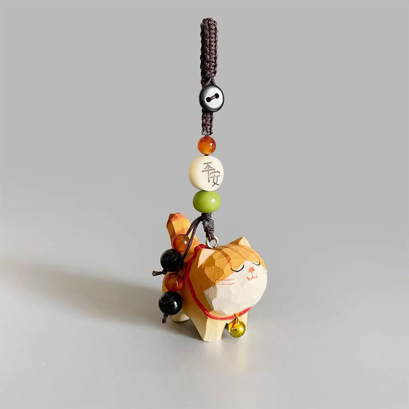 Buddha Stones Gatto soriano arancione Legno di tiglio Legno di pesco Pace Cassaforte Fiore di prugno Om Mani Padme Hum Portachiavi di purezza