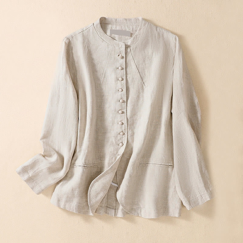 Camicia da donna a maniche lunghe con colletto rialzato in cotone e lino Buddha Stones tasche