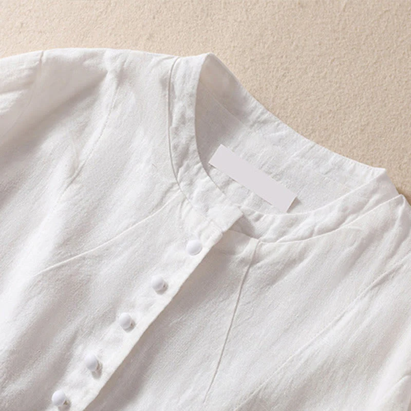 Camicia da donna a maniche lunghe con colletto rialzato in cotone e lino Buddha Stones tasche - Image 21