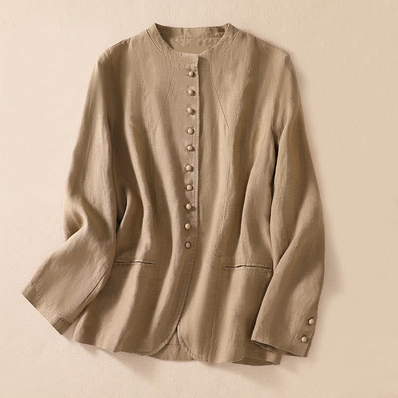 Camicia da donna a maniche lunghe con colletto rialzato in cotone e lino Buddha Stones tasche - Image 23