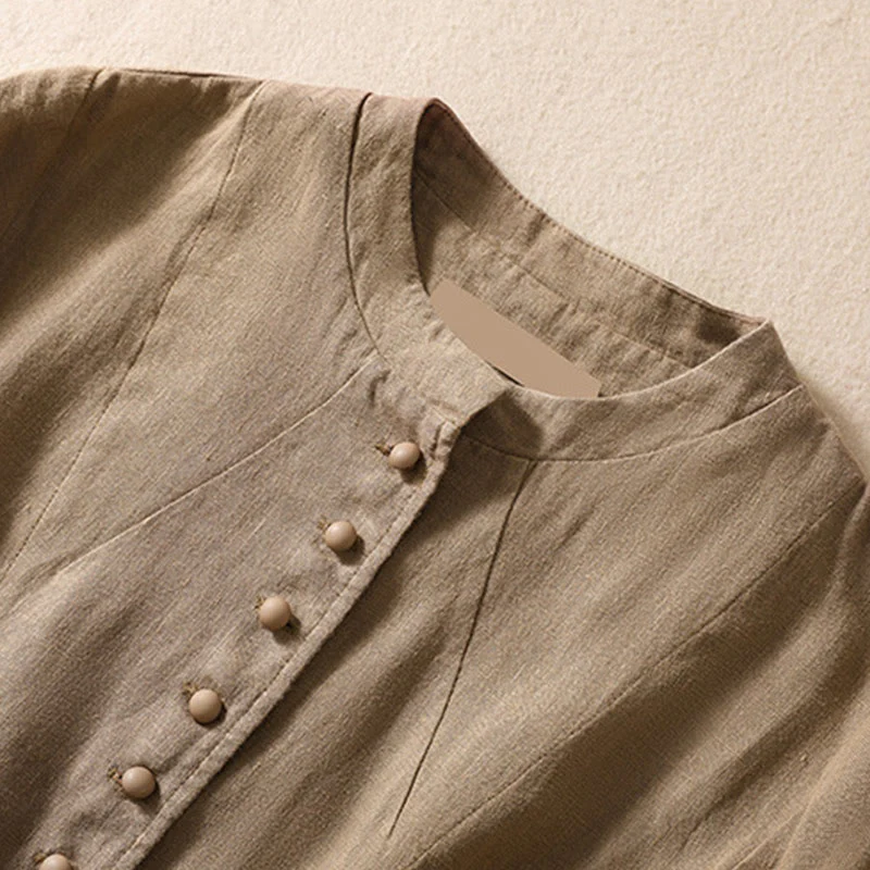 Camicia da donna a maniche lunghe con colletto rialzato in cotone e lino Buddha Stones tasche - Image 29