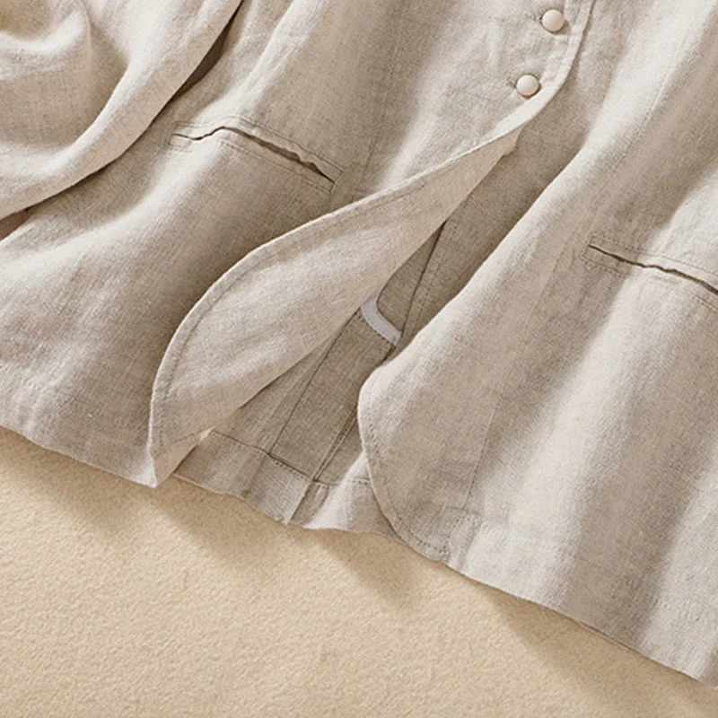 Camicia da donna a maniche lunghe con colletto rialzato in cotone e lino Buddha Stones tasche - Image 3