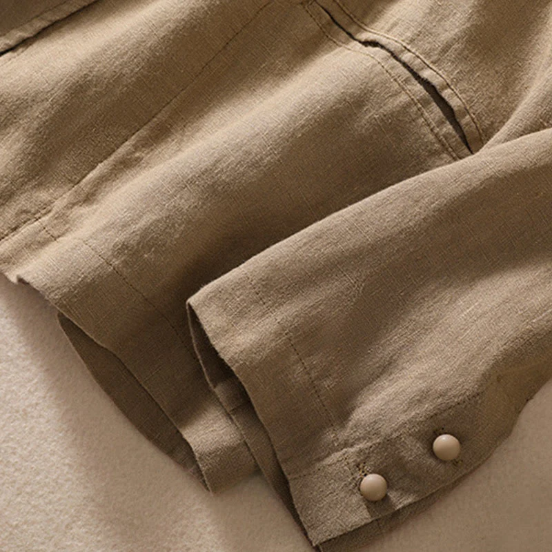 Camicia da donna a maniche lunghe con colletto rialzato in cotone e lino Buddha Stones tasche - Image 30