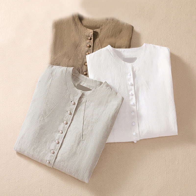 Camicia da donna a maniche lunghe con colletto rialzato in cotone e lino Buddha Stones tasche - Image 32