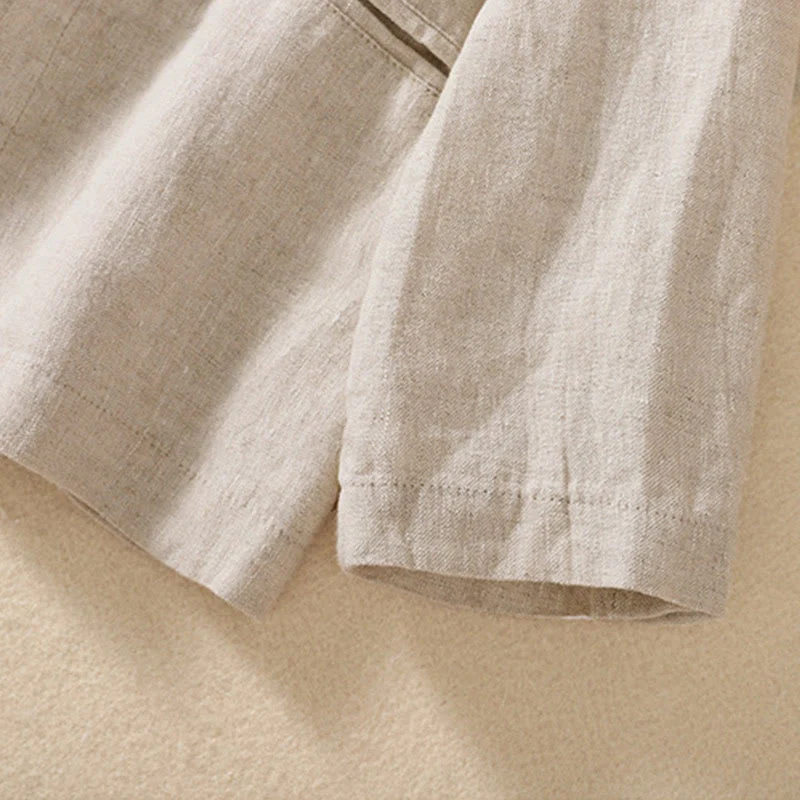 Camicia da donna a maniche lunghe con colletto rialzato in cotone e lino Buddha Stones tasche - Image 4