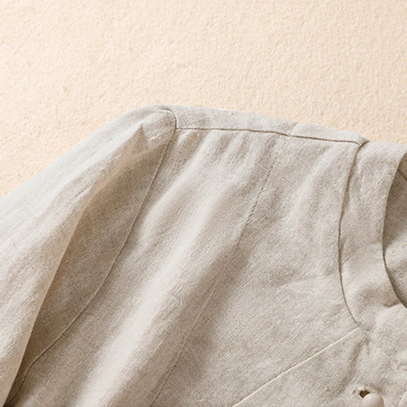 Camicia da donna a maniche lunghe con colletto rialzato in cotone e lino Buddha Stones tasche - Image 7
