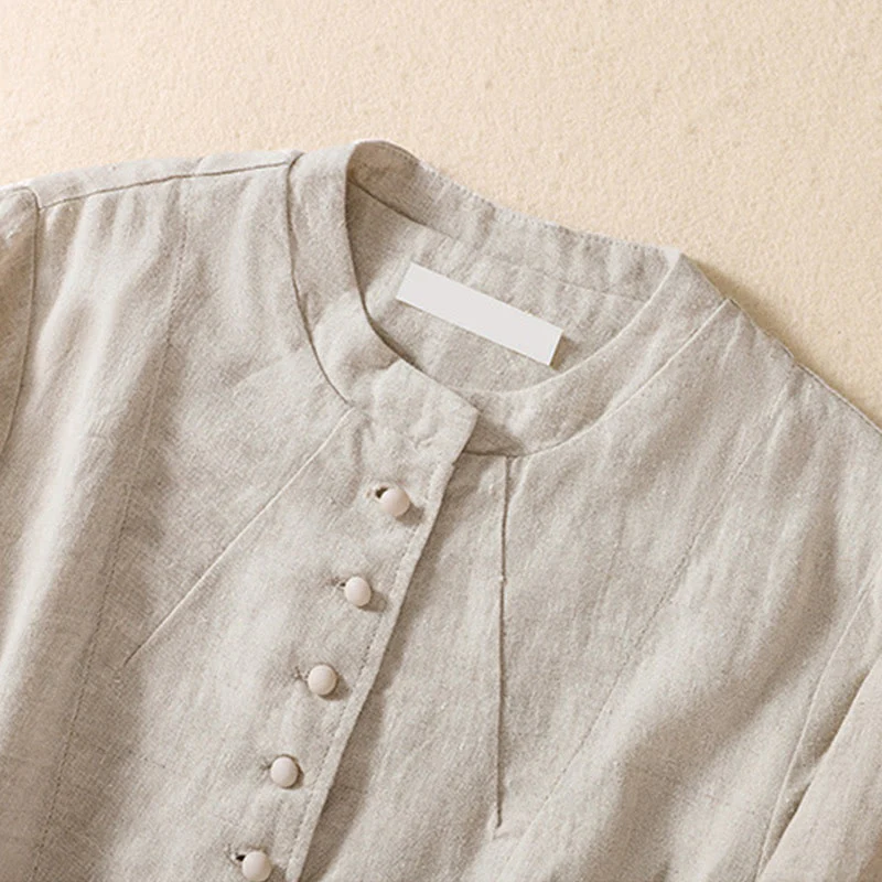 Camicia da donna a maniche lunghe con colletto rialzato in cotone e lino Buddha Stones tasche - Image 8
