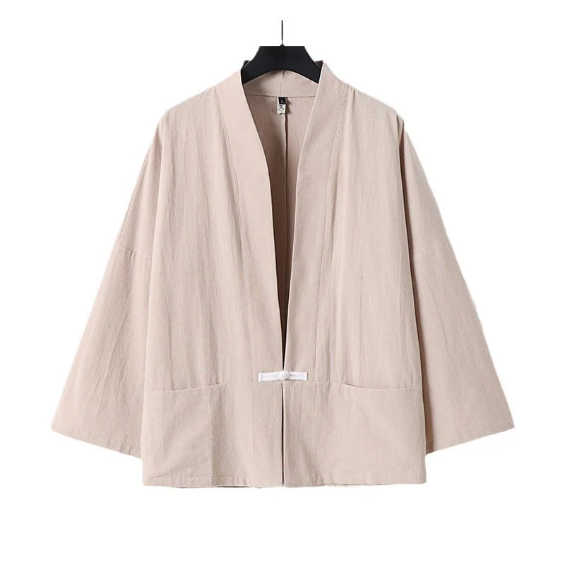 Giacca kimono da uomo in cotone e lino con tasche e maniche lunghe, motivo Buddha Stones, bottoni e apertura frontale - Image 14