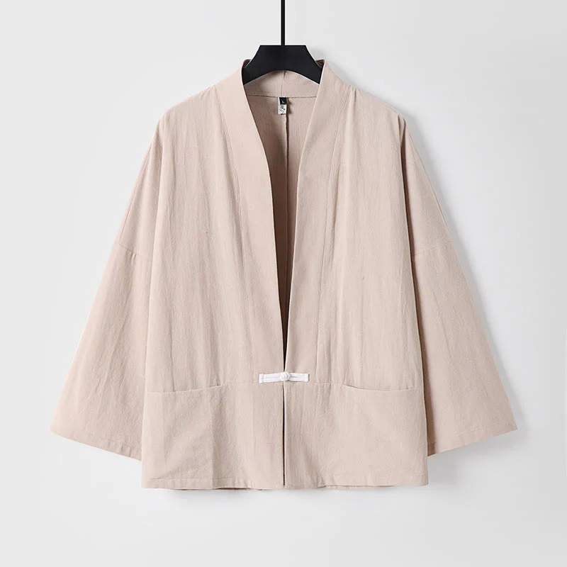 Giacca kimono da uomo in cotone e lino con tasche e maniche lunghe, motivo Buddha Stones, bottoni e apertura frontale - Image 4