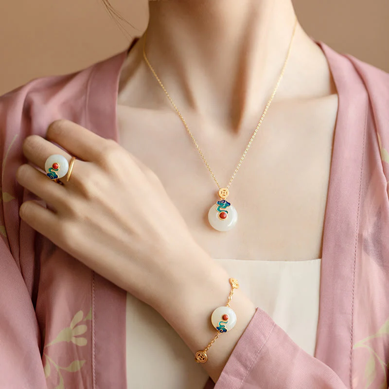 Buddha Stones Giada Monete di rame Nuvole di buon auspicio Prosperità Collana Ciondolo Bracciale Anello Orecchini - Image 6