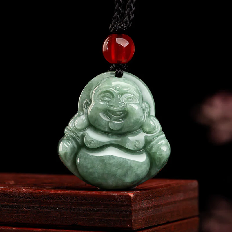 Buddha Stones Giada verde naturale Buddha che ride Collana con ciondolo di fortuna e abbondanza - Image 2
