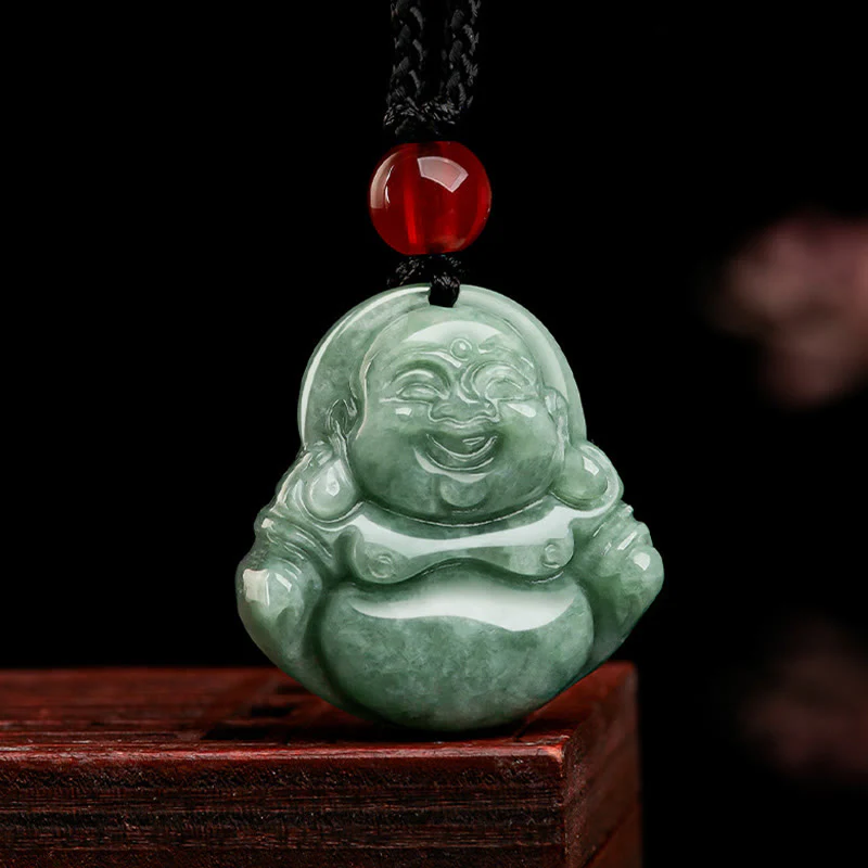 Buddha Stones Giada verde naturale Buddha che ride Collana con ciondolo di fortuna e abbondanza - Image 3
