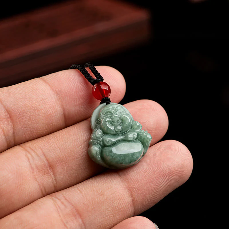 Buddha Stones Giada verde naturale Buddha che ride Collana con ciondolo di fortuna e abbondanza - Image 5