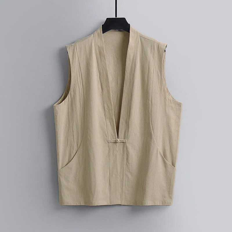 Buddha Stones Gilet estivo da uomo in cotone e lino, senza maniche, con scollo a V e bottoni a rana, tinta unita - Image 11