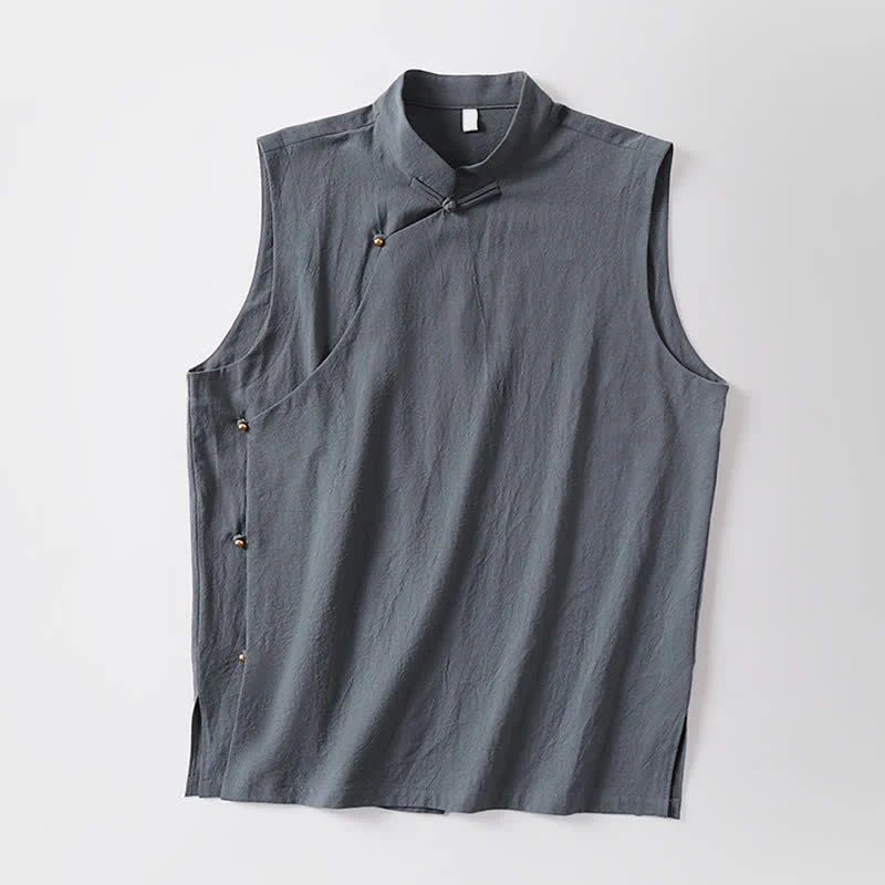 Buddha Stones Gilet estivo da uomo in cotone e lino senza maniche, tinta unita, con colletto alla coreana e bottoni a rana. - Image 12