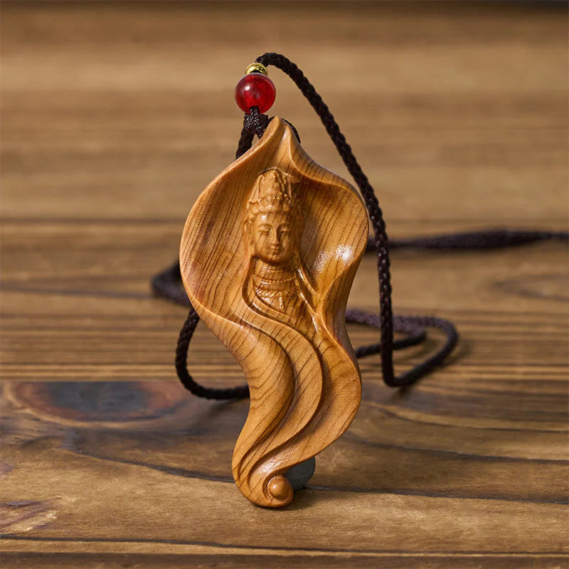 Buddha Stones Guanyin Kwan Yin Avalokiteśvara Foglia di loto Platycladus Orientalis Collana pendente ricchezza in legno - Image 2