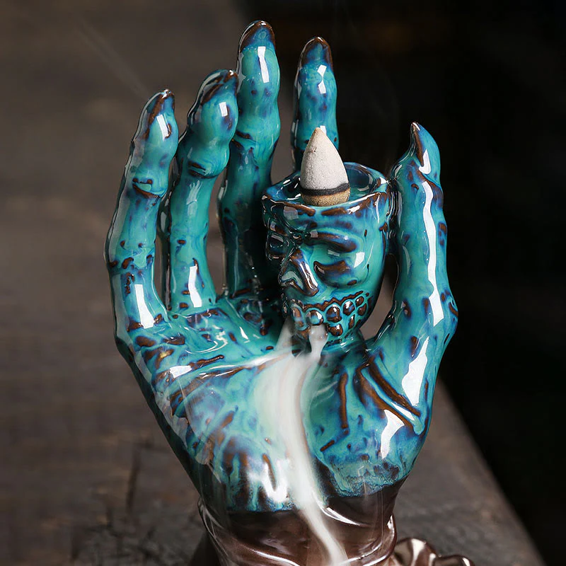 Buddha Stones Halloween Fantasma Mano Teschio Testa Ceramica Pace Guarigione Bruciatore di Incenso Decorazione - Image 11