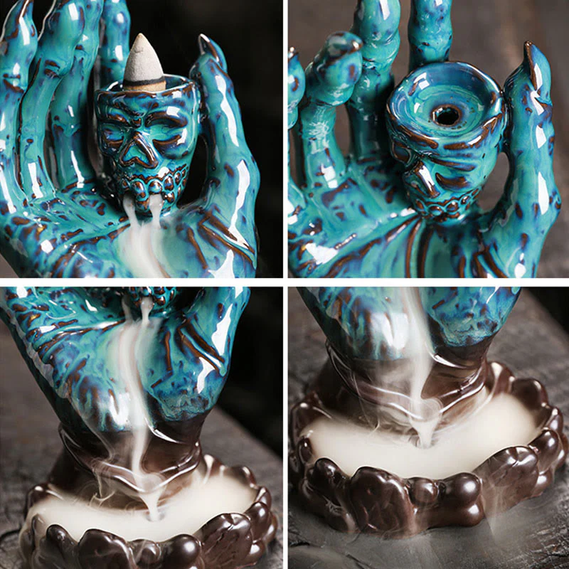 Buddha Stones Halloween Fantasma Mano Teschio Testa Ceramica Pace Guarigione Bruciatore di Incenso Decorazione - Image 15