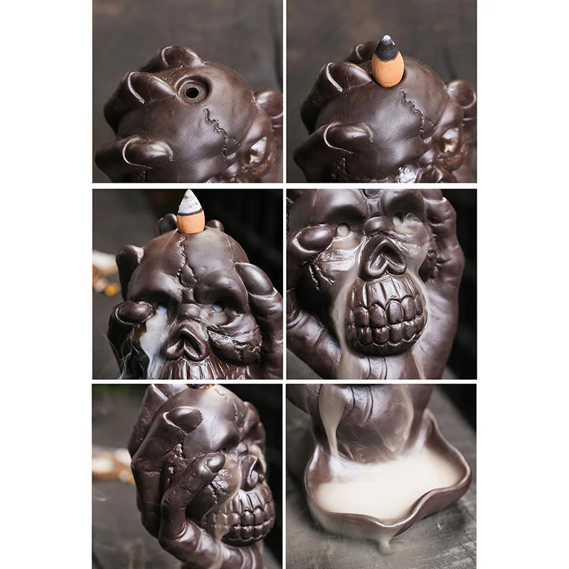 Buddha Stones Halloween Skull con mano fantasma Decorazione bruciatore di incenso spirituale in argilla viola - Image 10