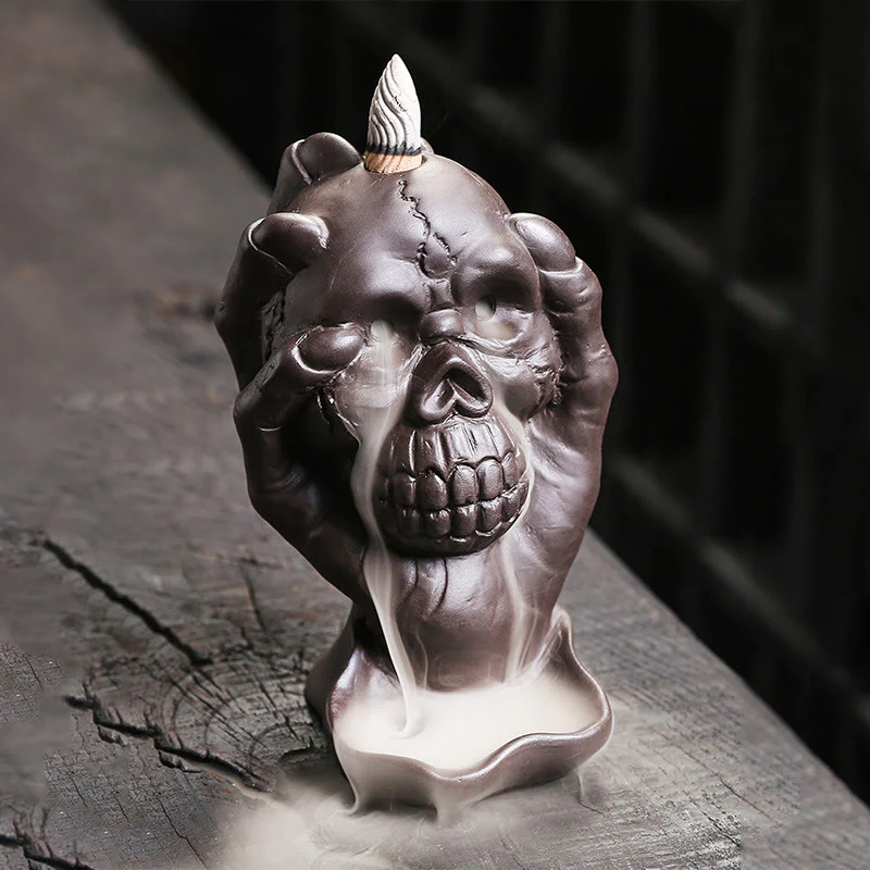 Buddha Stones Halloween Skull con mano fantasma Decorazione bruciatore di incenso spirituale in argilla viola - Image 3