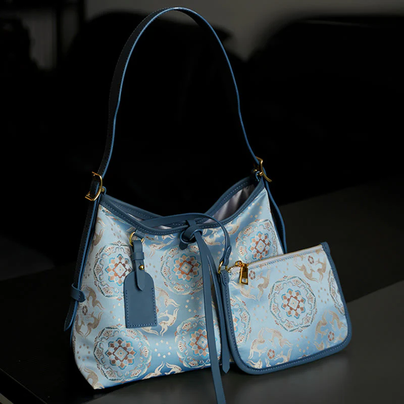 Buddha Stones Handmade Flower Gru Cervo Farfalla Canzone Broccato Borsa a tracolla Hangbags - Image 2