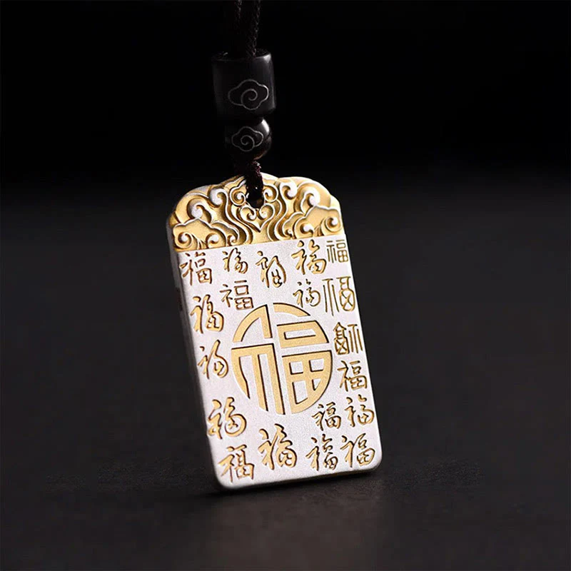 Buddha Stones in rame placcato argento Fu carattere nuvole di buon auspicio fortuna corda collana pendente