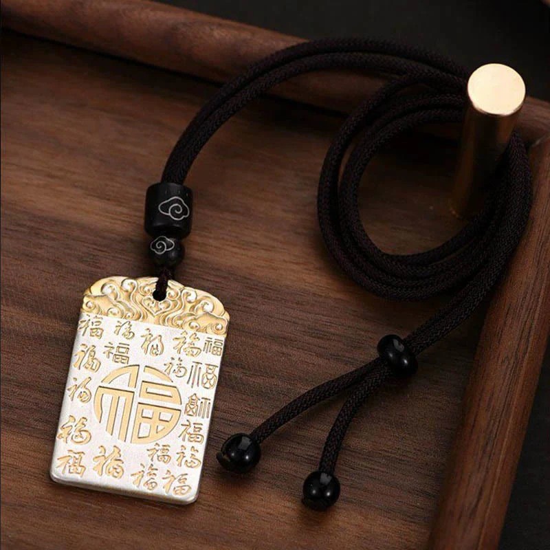 Buddha Stones in rame placcato argento Fu carattere nuvole di buon auspicio fortuna corda collana pendente - Image 2