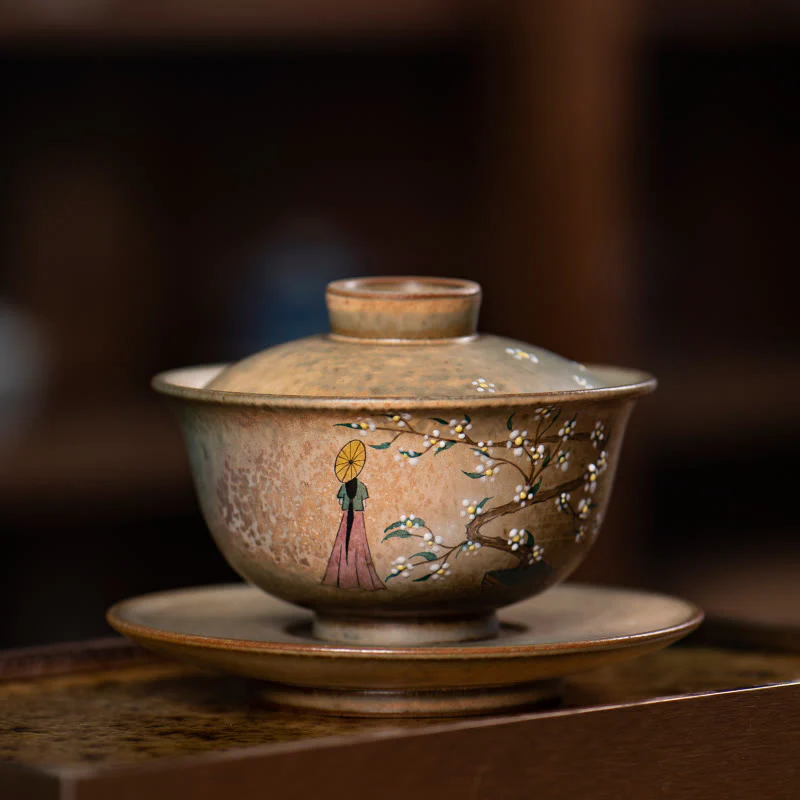 Buddha Stones Jingdezhen dipinte a mano Ru Kiln porcellana Hanfu ragazza fiore ceramica Gaiwan Sancai tazza da tè Kung Fu tazza da tè e piattino con coperchio