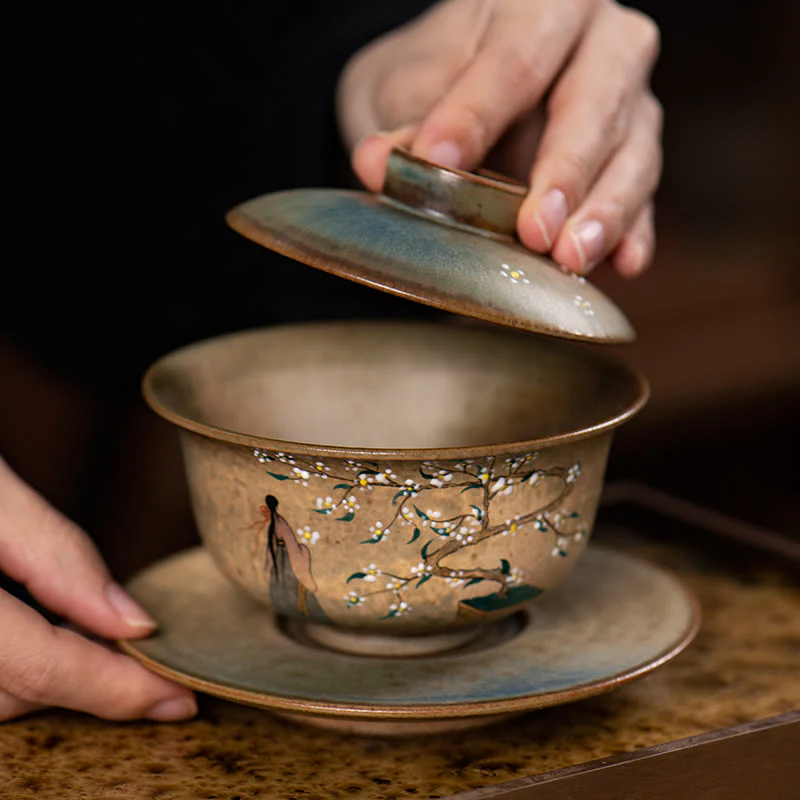 Buddha Stones Jingdezhen dipinte a mano Ru Kiln porcellana Hanfu ragazza fiore ceramica Gaiwan Sancai tazza da tè Kung Fu tazza da tè e piattino con coperchio - Image 10