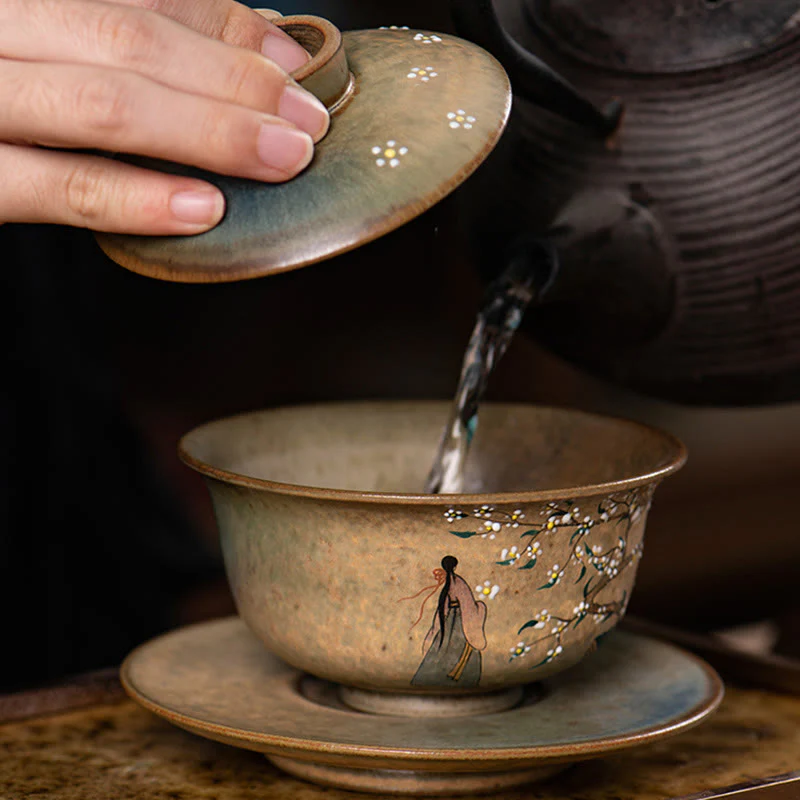 Buddha Stones Jingdezhen dipinte a mano Ru Kiln porcellana Hanfu ragazza fiore ceramica Gaiwan Sancai tazza da tè Kung Fu tazza da tè e piattino con coperchio - Image 11