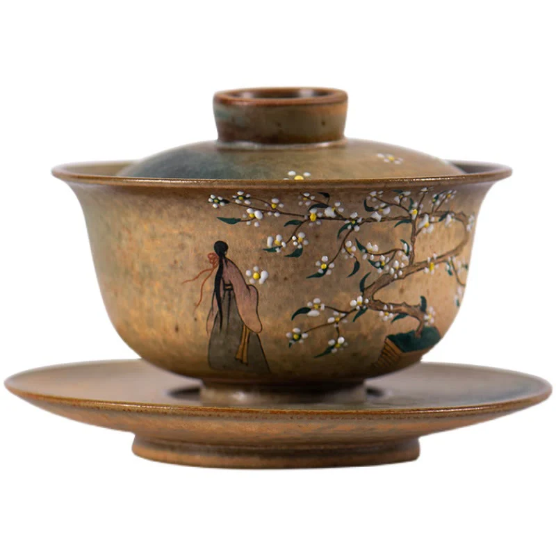 Buddha Stones Jingdezhen dipinte a mano Ru Kiln porcellana Hanfu ragazza fiore ceramica Gaiwan Sancai tazza da tè Kung Fu tazza da tè e piattino con coperchio - Image 12