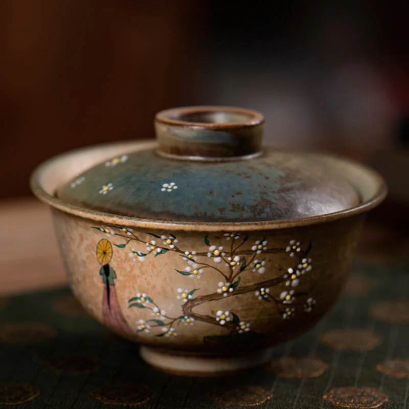 Buddha Stones Jingdezhen dipinte a mano Ru Kiln porcellana Hanfu ragazza fiore ceramica Gaiwan Sancai tazza da tè Kung Fu tazza da tè e piattino con coperchio - Image 2