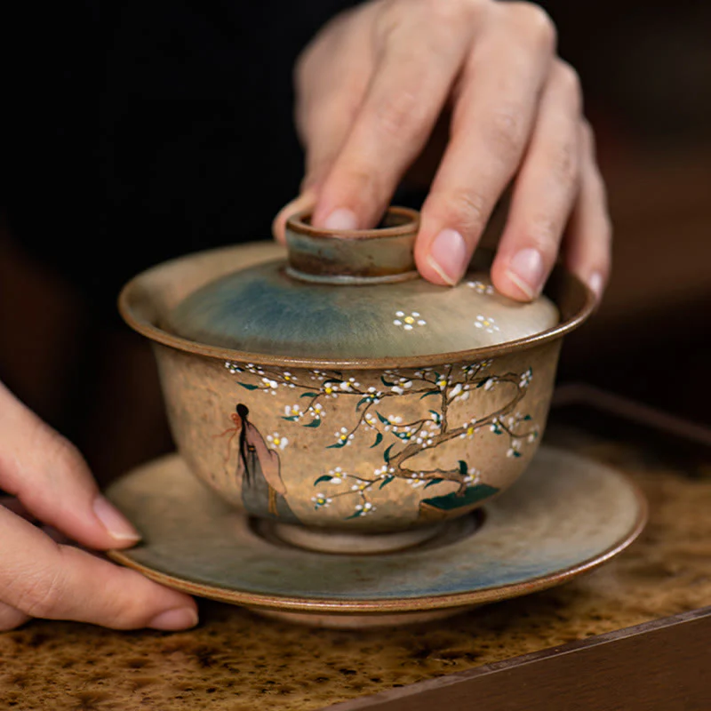Buddha Stones Jingdezhen dipinte a mano Ru Kiln porcellana Hanfu ragazza fiore ceramica Gaiwan Sancai tazza da tè Kung Fu tazza da tè e piattino con coperchio - Image 9