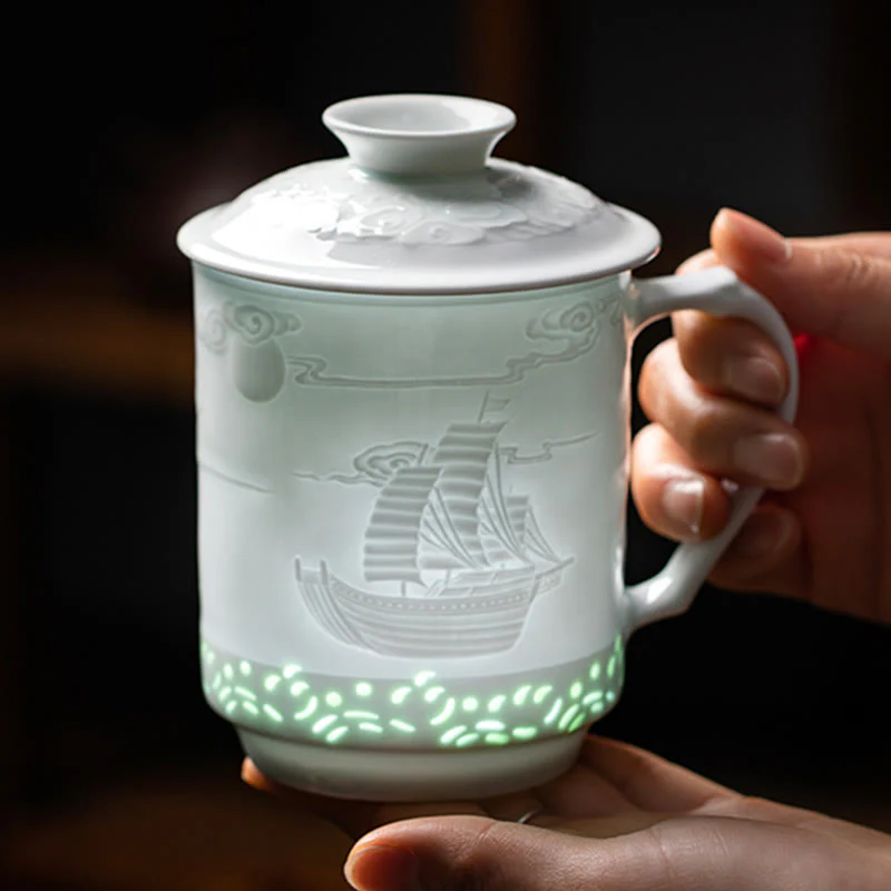 Buddha Stones Jingdezhen Linglong Porcellana Drago di Buon Auspicio Barca Fenice Navigazione Liscia Tazza da Tè in Ceramica Tazze da Tè da Ufficio 420ml - Image 10