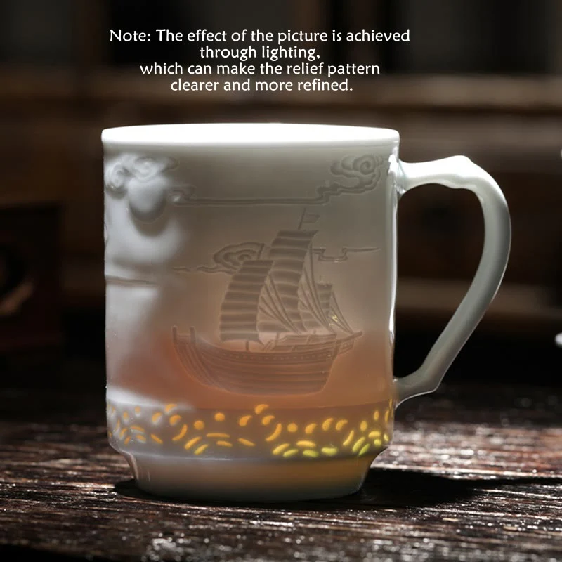 Buddha Stones Jingdezhen Linglong Porcellana Drago di Buon Auspicio Barca Fenice Navigazione Liscia Tazza da Tè in Ceramica Tazze da Tè da Ufficio 420ml - Image 11
