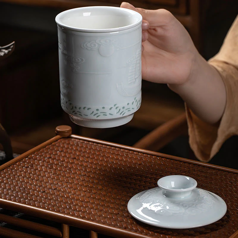 Buddha Stones Jingdezhen Linglong Porcellana Drago di Buon Auspicio Barca Fenice Navigazione Liscia Tazza da Tè in Ceramica Tazze da Tè da Ufficio 420ml - Image 13