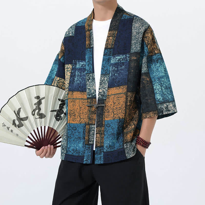 Buddha Stones Kimono da uomo a maniche corte in misto lino con stampa di foglie tropicali estive - Image 11