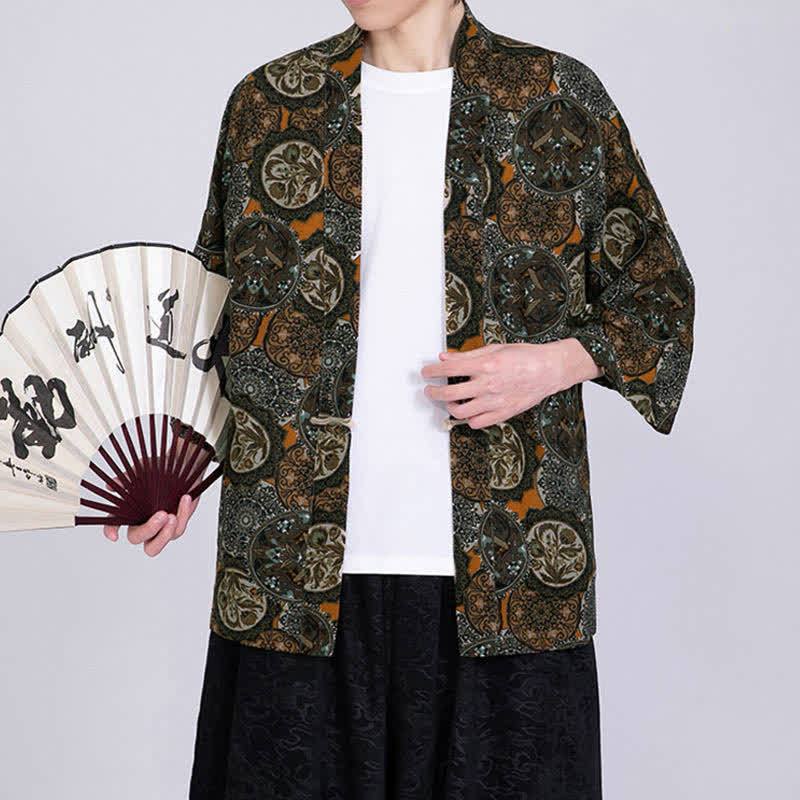 Buddha Stones Kimono da uomo a maniche corte in misto lino con stampa di foglie tropicali estive - Image 15